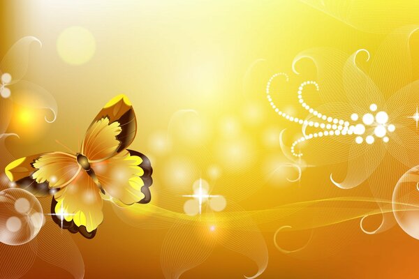 Farfalla su sfondo giallo. Scintille, perline, perline. Figura