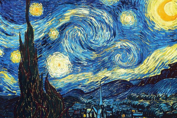 Известная картина Звёздная ночь нидерландского художника Ван Гога, изображающая ночь спускающуюся на город 