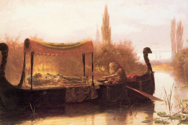 Bild eines Paares, das auf einem Boot mit einem Baldachin am Fluss spazieren geht