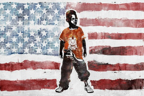 En el fondo de la bandera de EE.UU. dibujado niño mirando a la izquierda, en sus pantalones una pistola