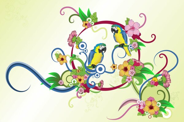 A pair of parrots on a green background with flowers