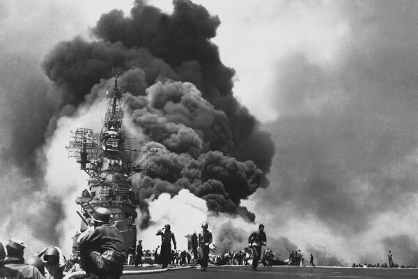 Retro photo of a terrible fire on a warship