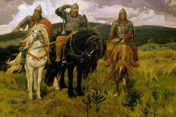 El clásico de Viktor Mikhailovich Vasnetsov sobre tres héroes a caballo