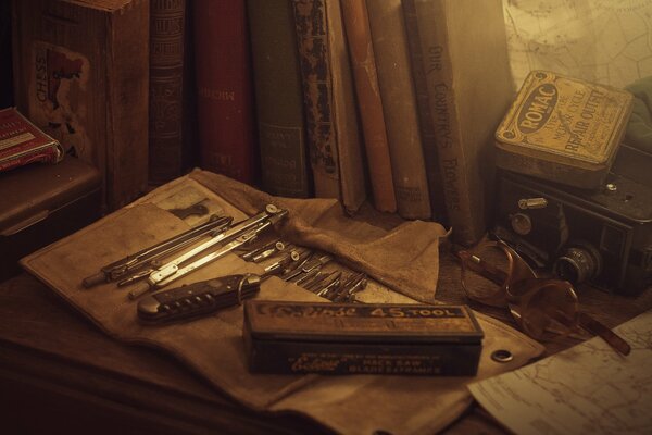 A set of an old cartographer on the table