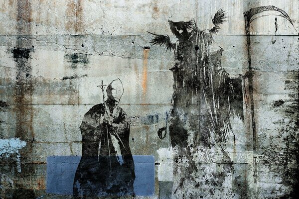 Peinture sur le mur sous la forme du Pape et de la mort