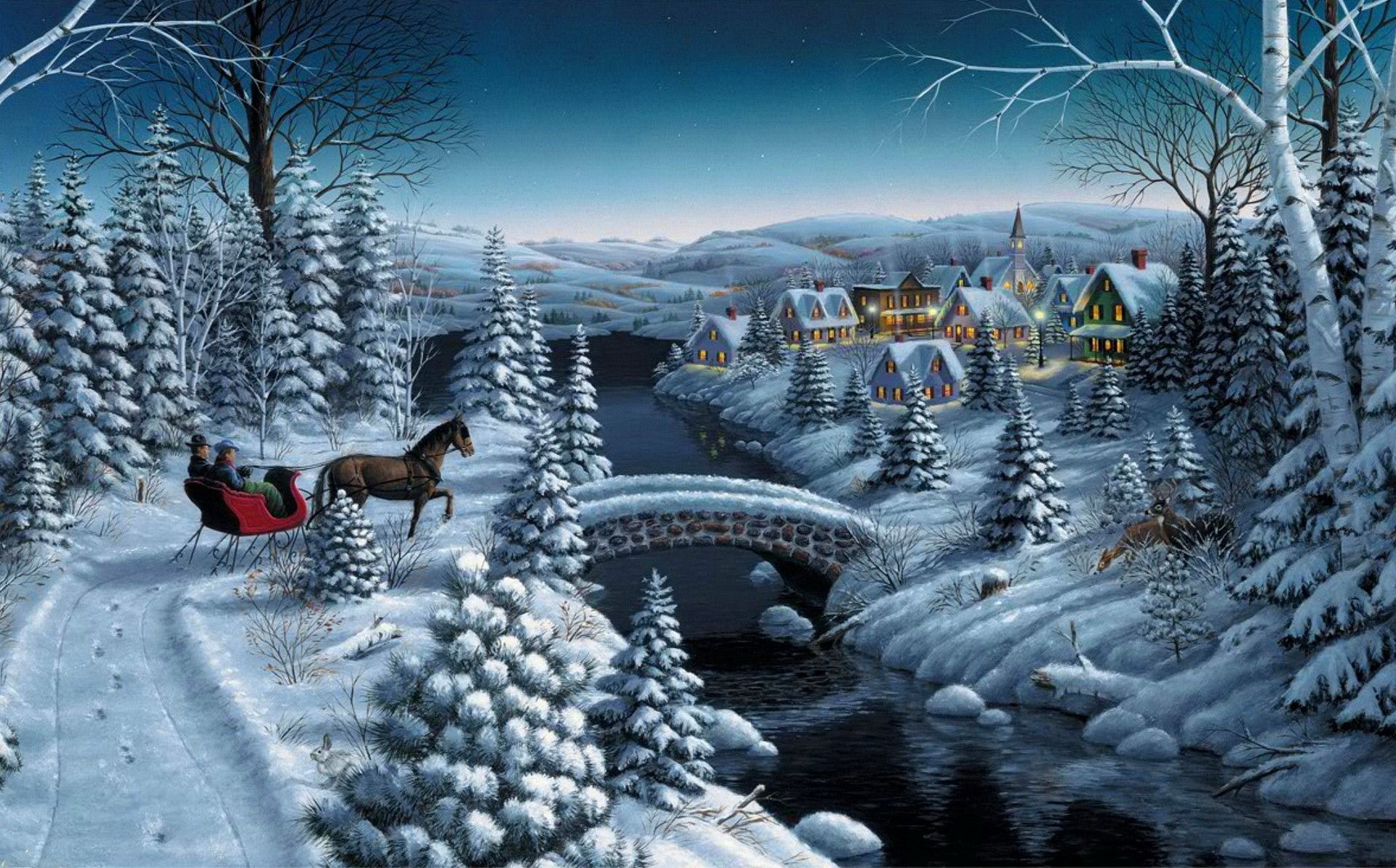 mark daehlin frieden auf erden malerei winter schnee tanne weihnachtsbaum haus dorf fluss brücke wagen schlitten pferd sterne abend neujahr weihnachten