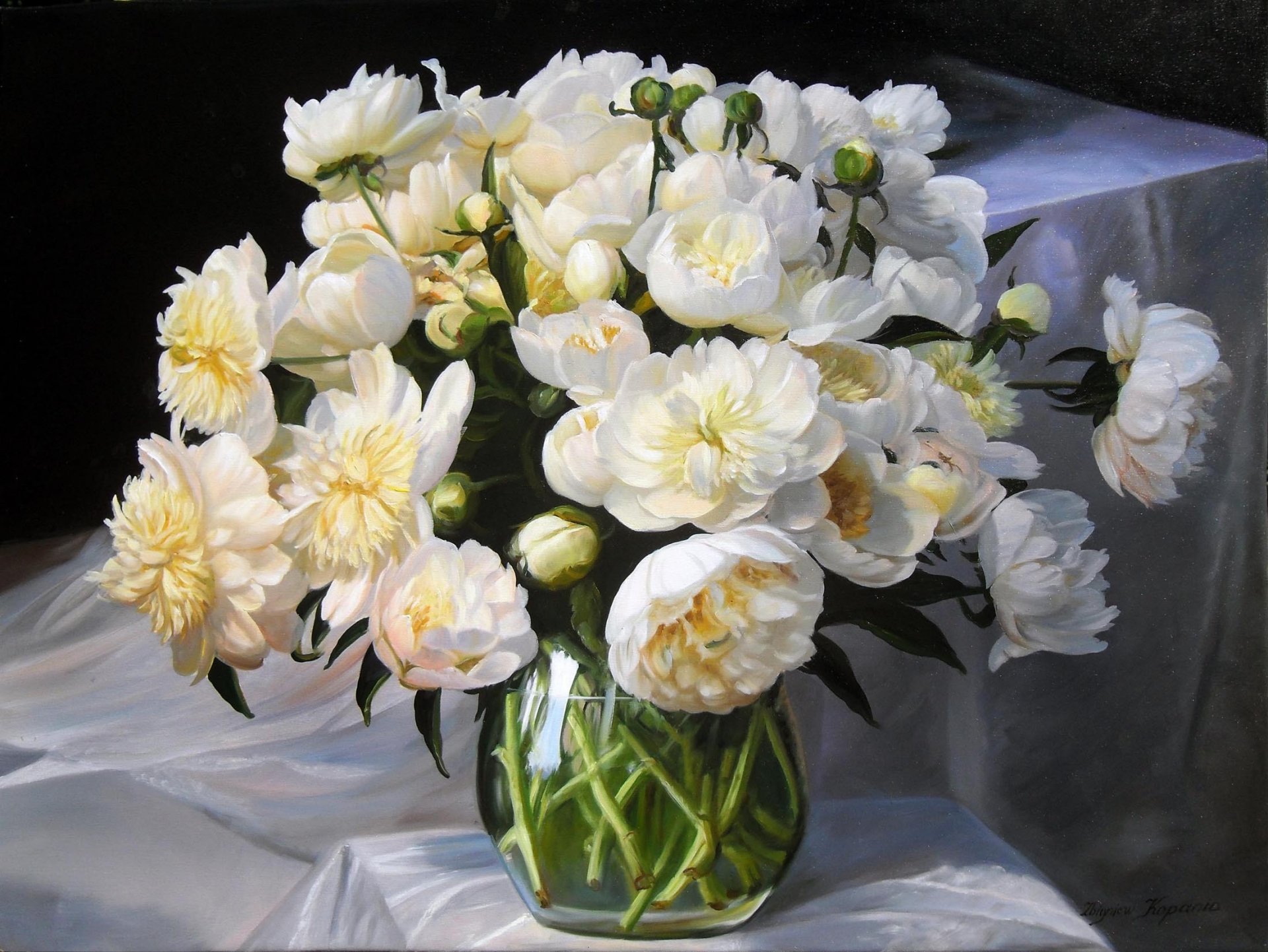 pittura zbigniew kopania natura morta fiori mazzo peonie bianchi vaso boccioli tessuto