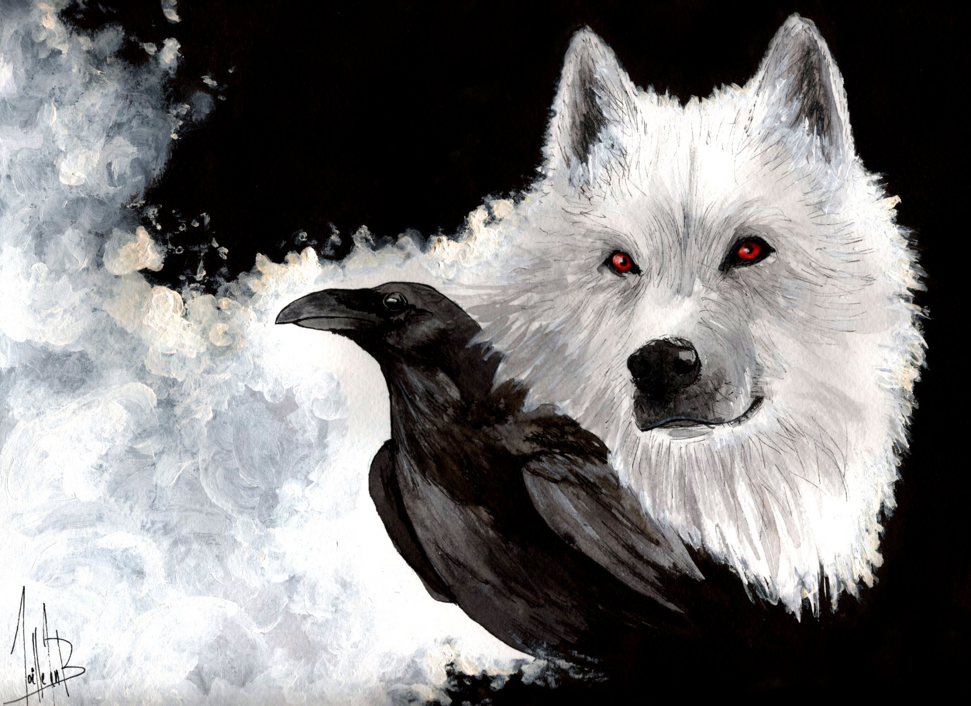 game of thrones snow ghost wolf white view raven beak painting art