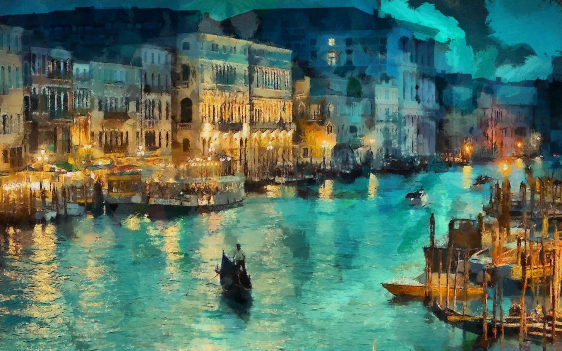 arte italia venecia canal noche luces casa góndola barcos luz