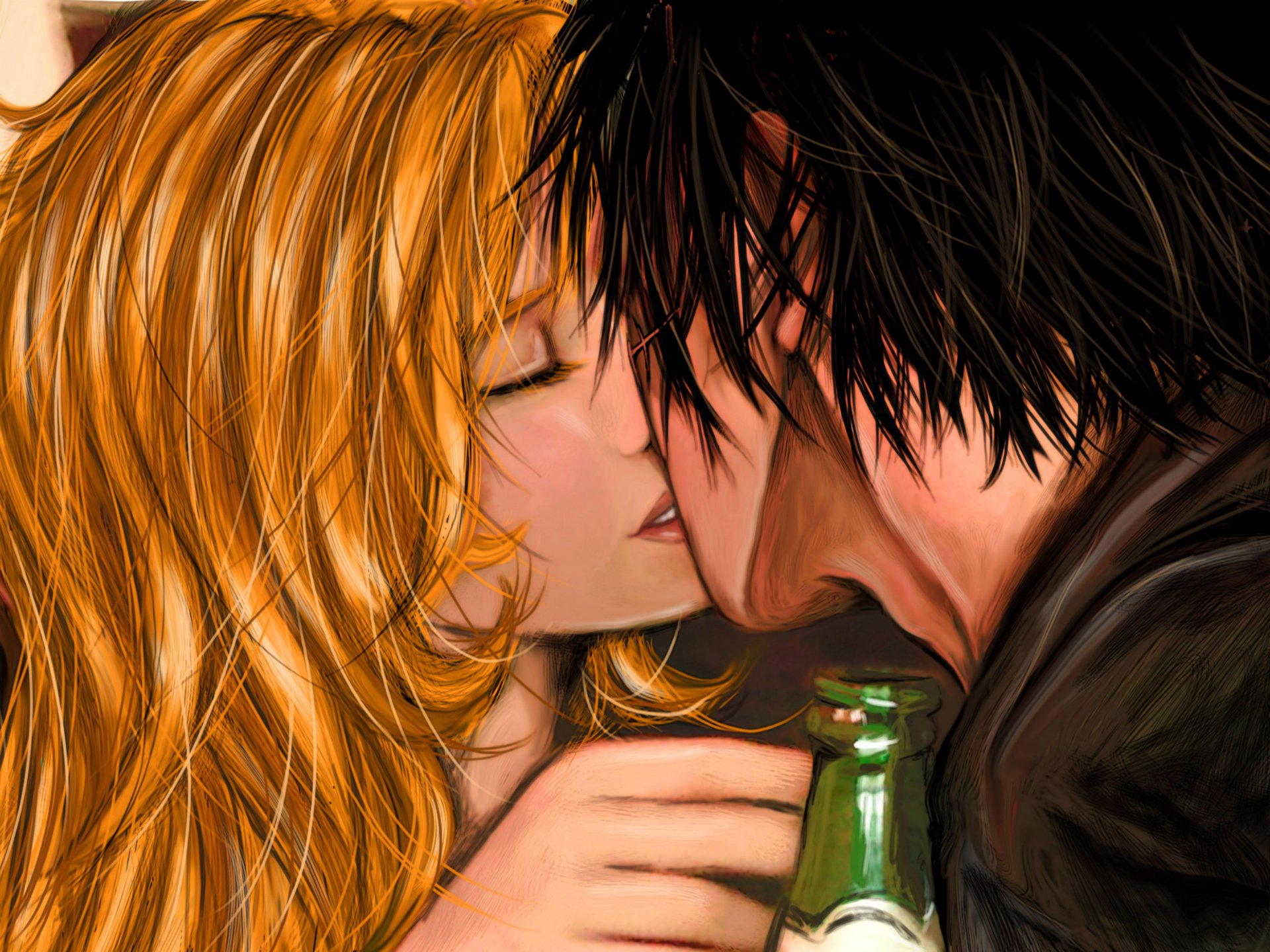 arte chica novio amor beso pareja botella cerveza