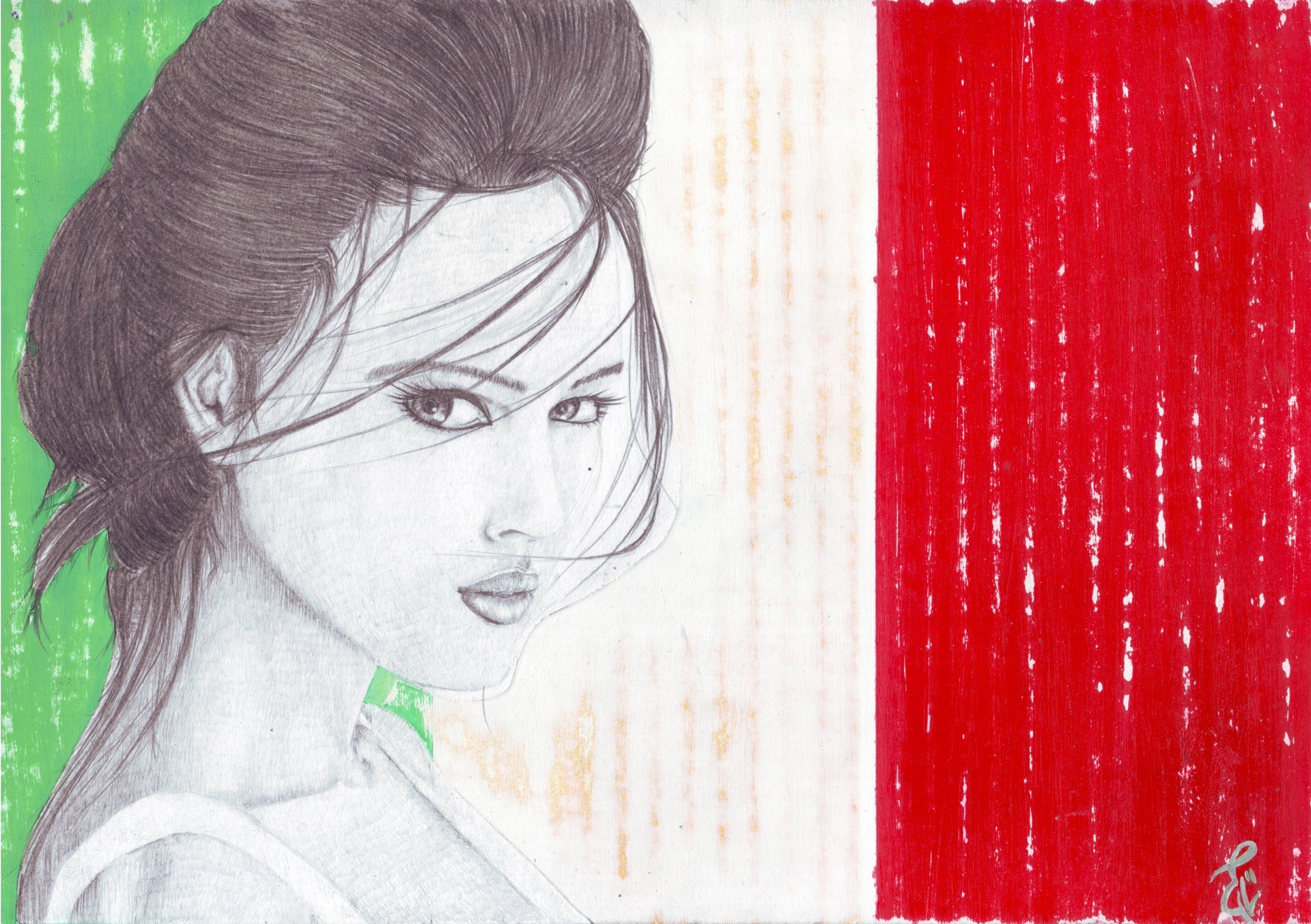 monica bellucci crayon art actrice visage regard coiffure cheveux fond