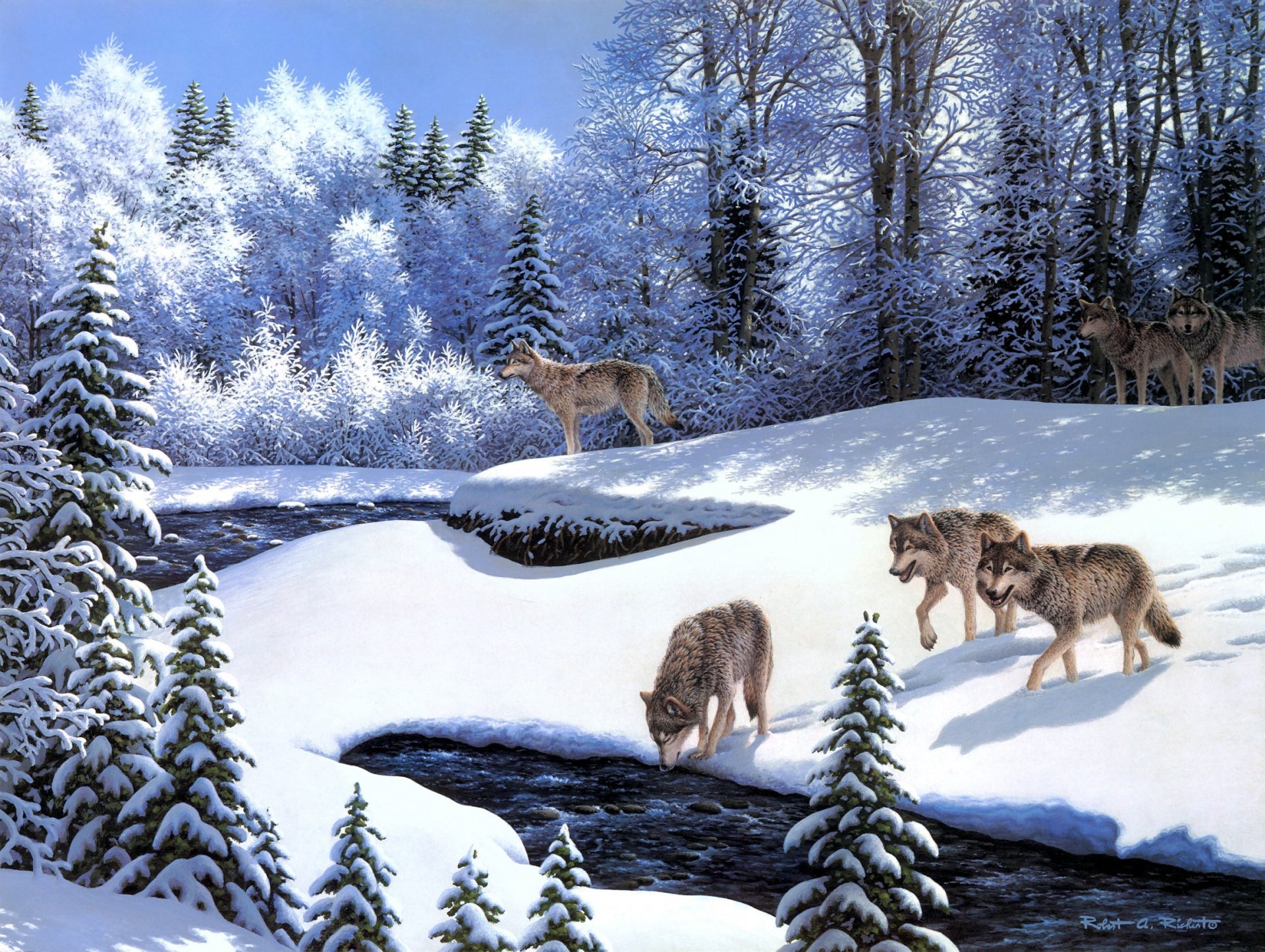 robert a. richert a caccia pittura animali lupi branco di lupi fiume neve inverno foresta fatata gelo