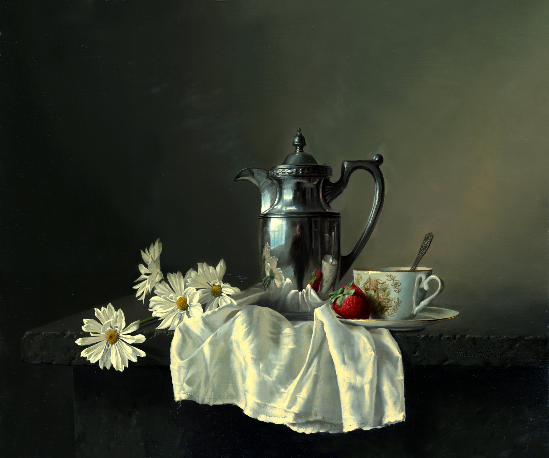 pintura naturaleza muerta alexei antonov mesa cafetera metal reflexión flores margaritas taza platillo cuchara baya fresa pañuelo