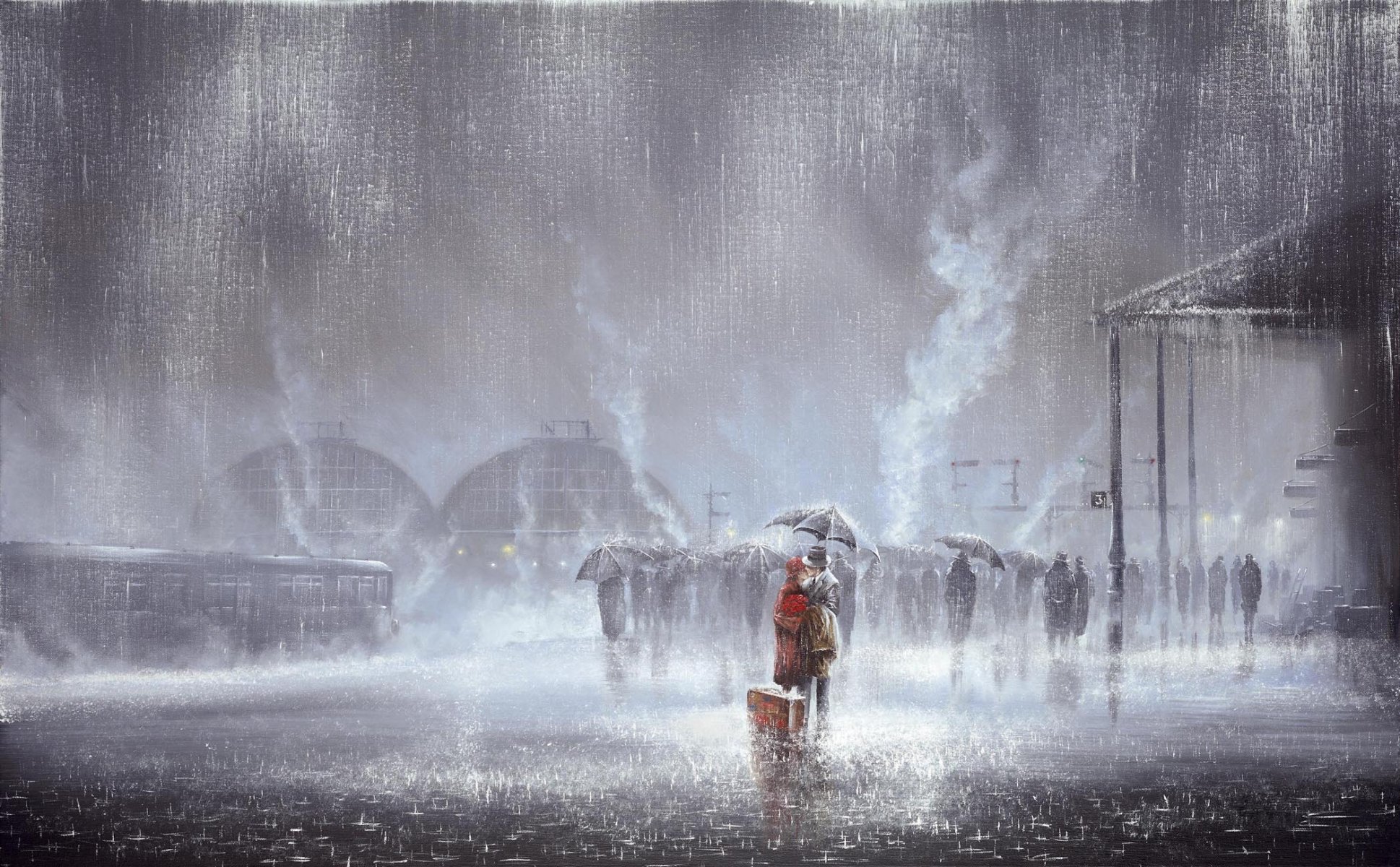 pintura jeff rowland lluvia estación de tren dos encuentro amor beso hombre mujer paraguas maleta carro personas