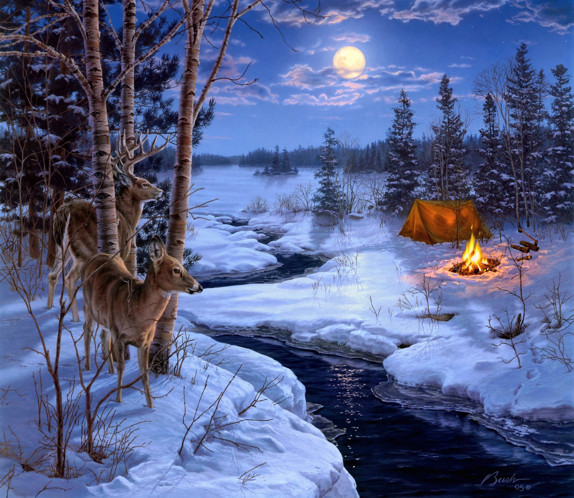 darrell bush moon shadows painting winter snow animals deer moon stream tent bonfire fire axe spruce