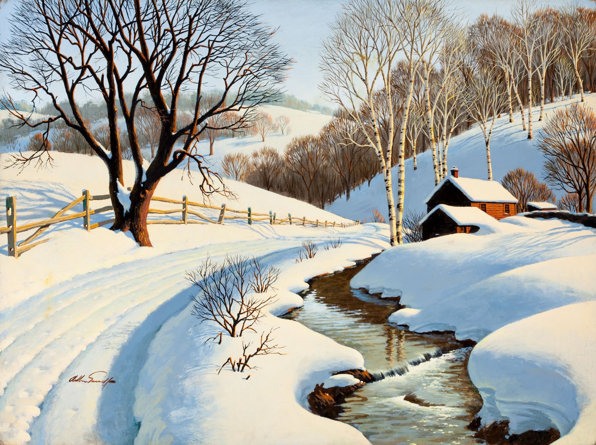 trapunta invernale arthur sarona sarnow pittura inverno fiume ruscello casa strada alberi betulla