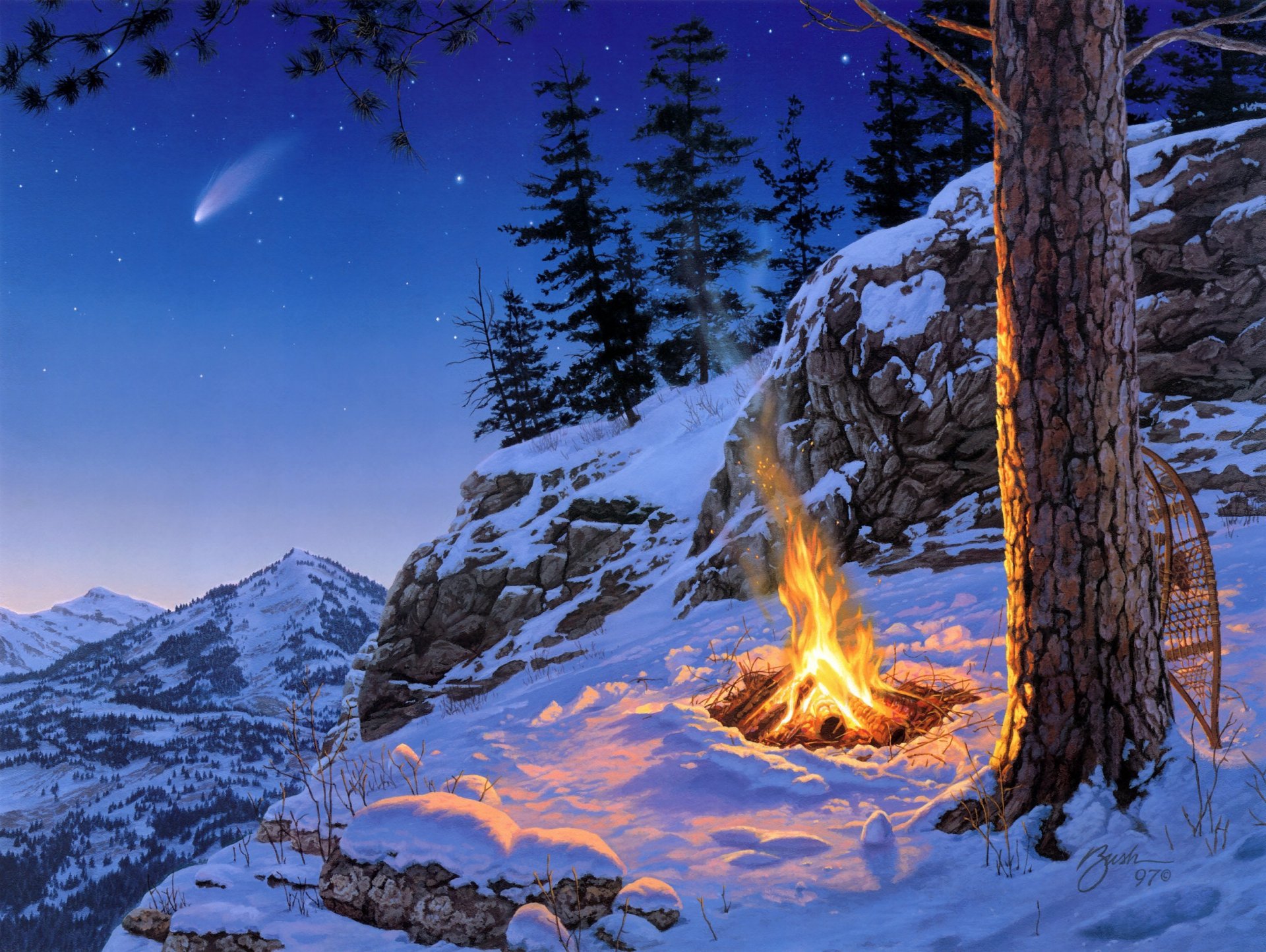 darrell bush einmal im leben malerei landschaft späten abend nacht berge lagerfeuer kiefer fichte sterne sternfall schnee winter