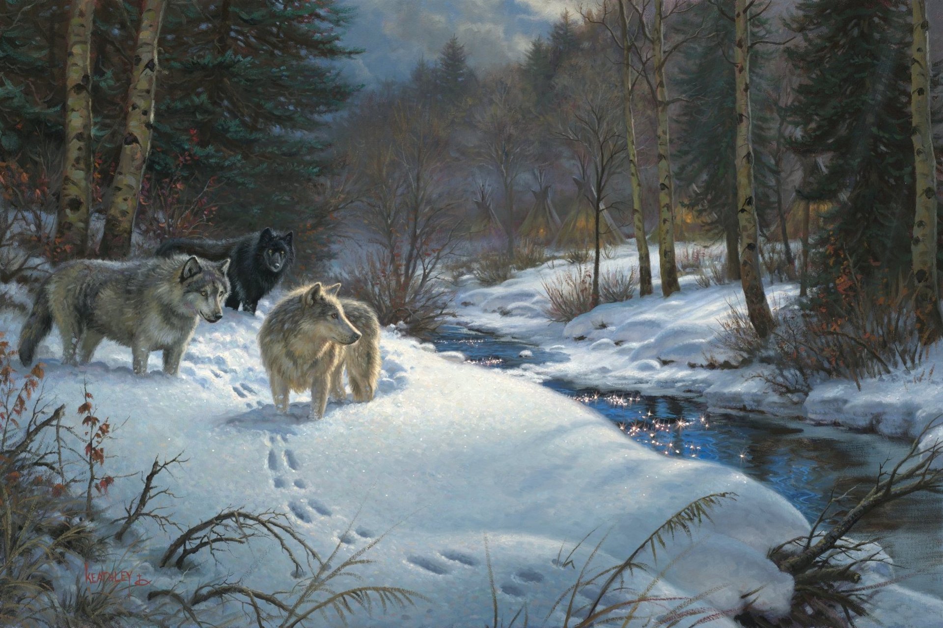 mark kitley valle de las sombras pintura invierno bosque arroyo animales lobos noche yurtas