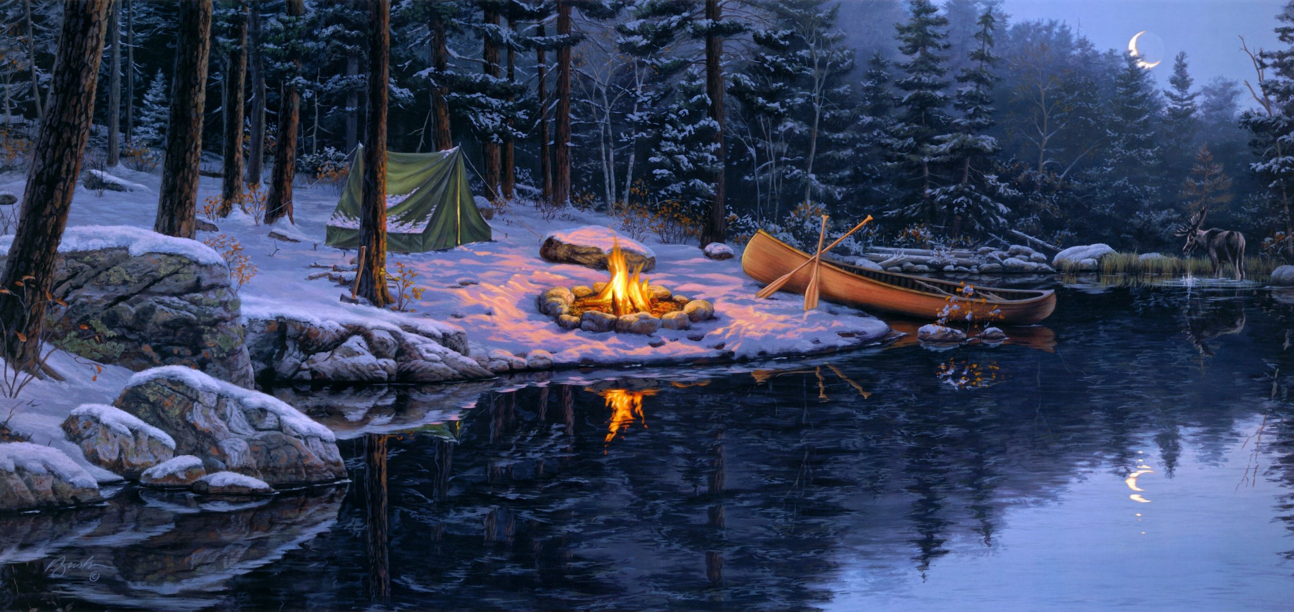 darrell bush aller dans les pins peinture forêt épinette pin tente feu de camp lac bateau elk lune neige fin de l automne hiver