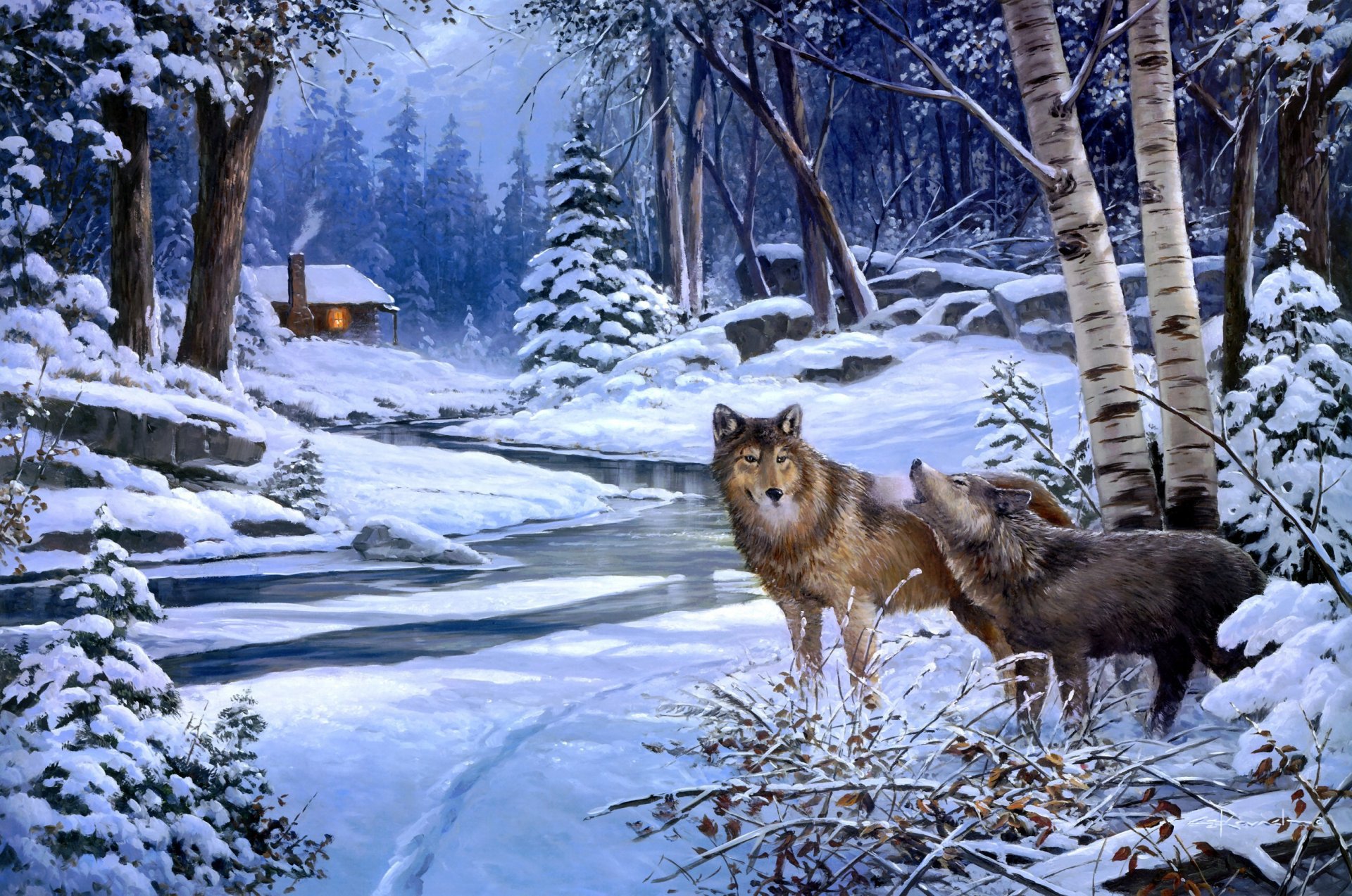 george kovacs retour à cabin creek peinture animaux loup loups hiver neige forêt rivière cabane cabane