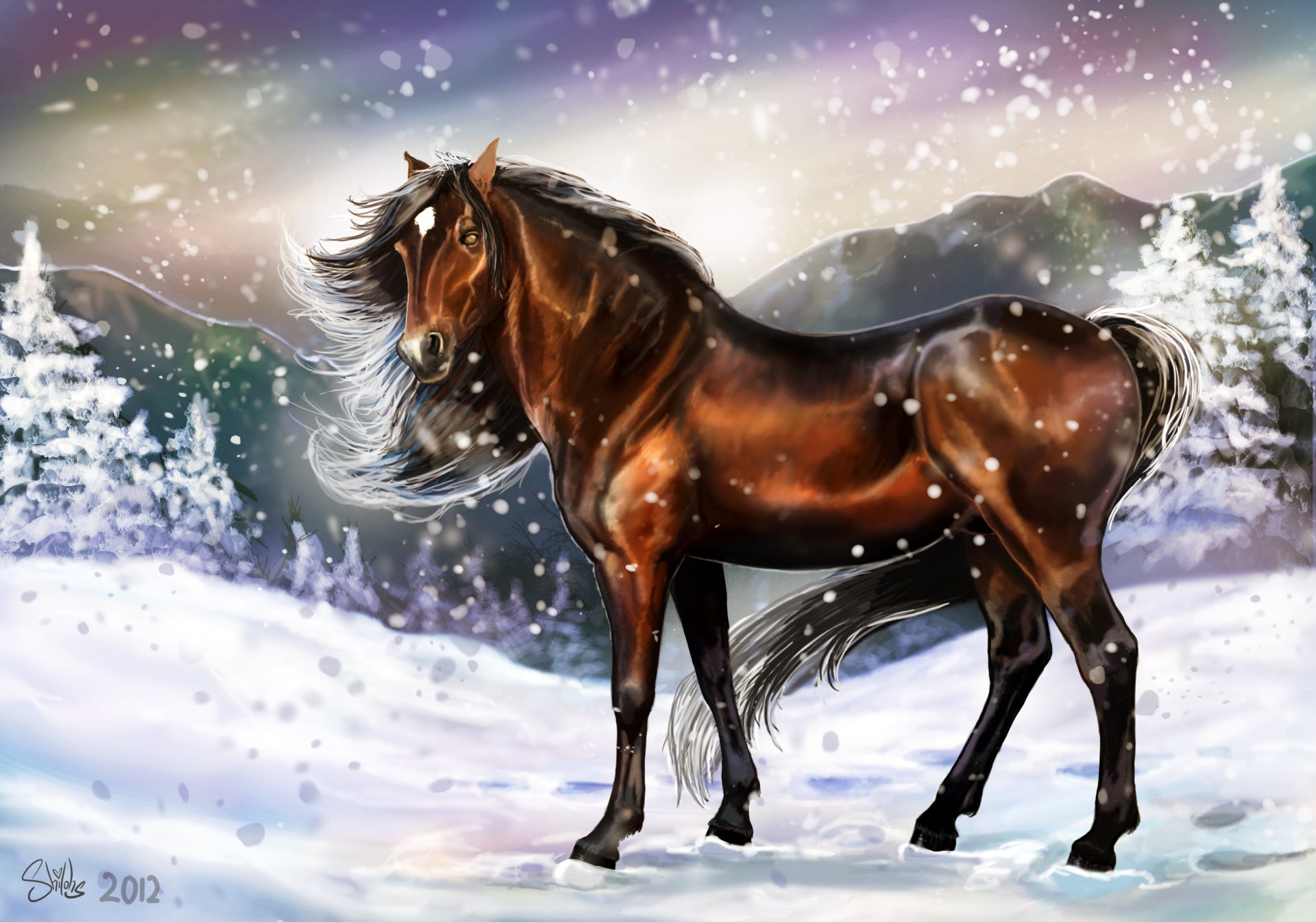 painting art horse mane animals view winter cool snow trace