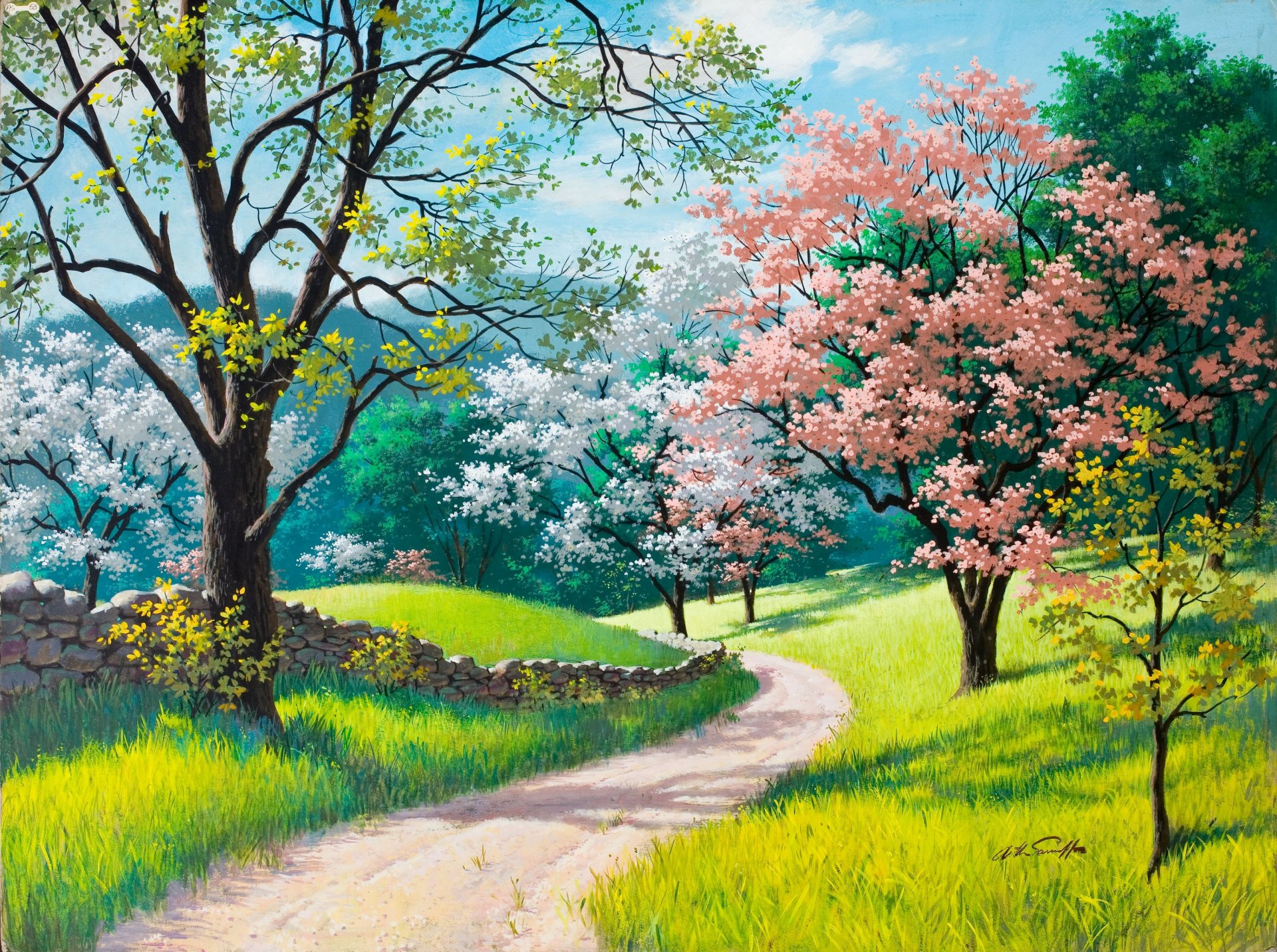 pring blossoms arthur saron sarnoff painting spring trees in bloom green grass road stone wall