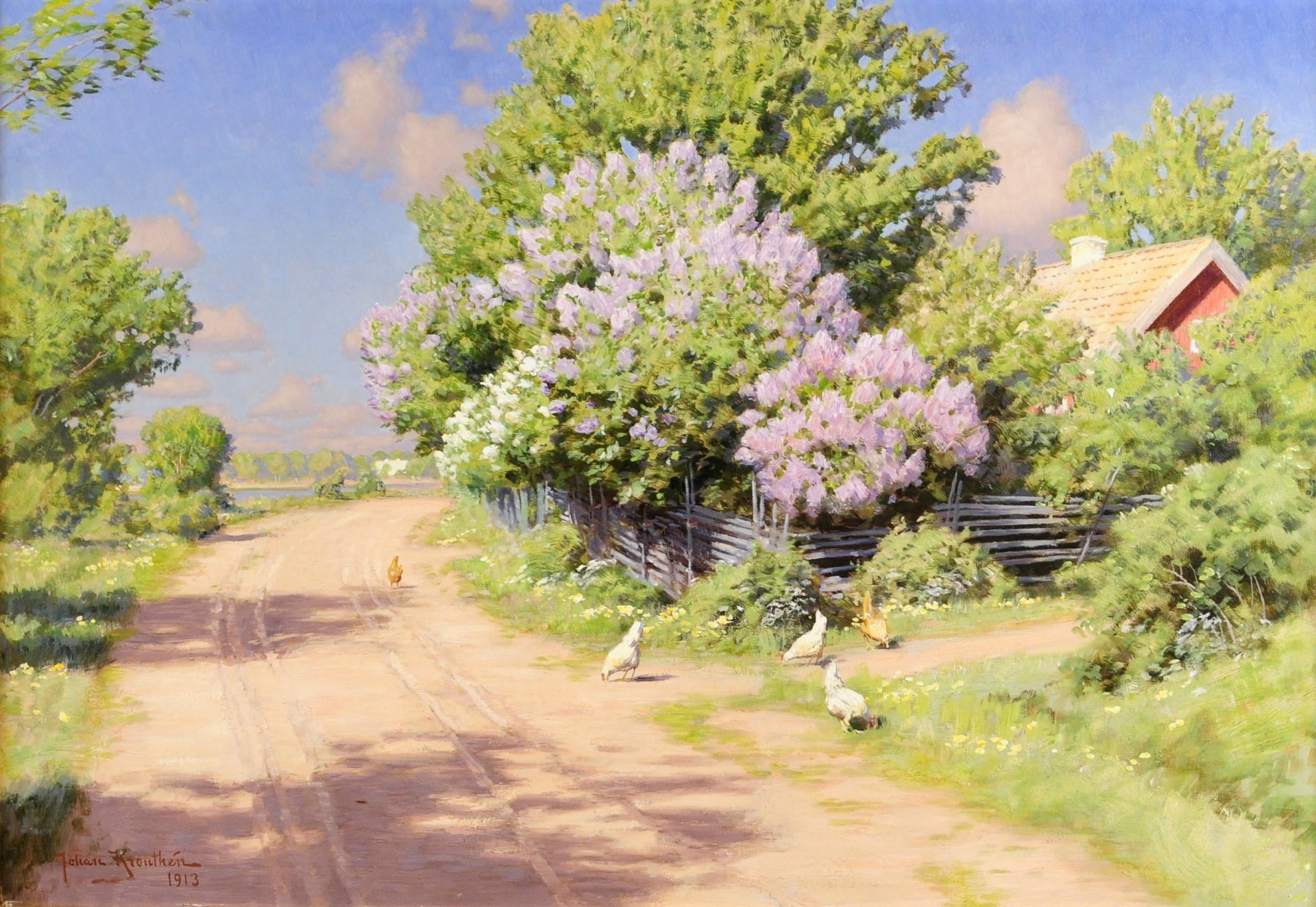 bild landschaft johan krouthen dorf straße schatten haus dach zaun flechtwerk büsche flieder blumen hühner