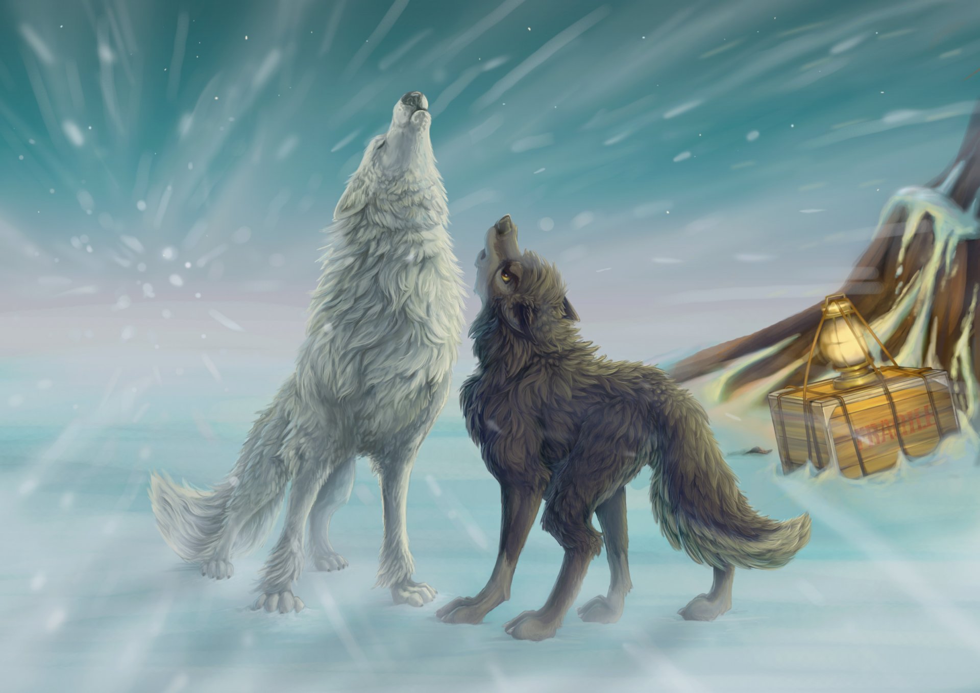 art wolves winter snow box light blizzard howl