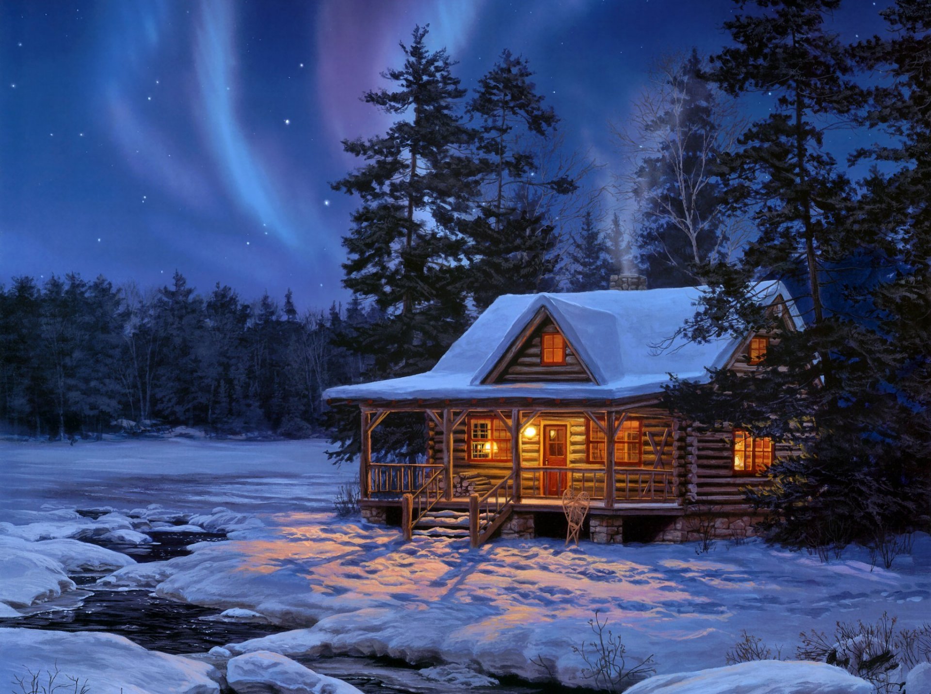 darrell bush evening performance painting wood log house light winter forest night star lights snow creek water