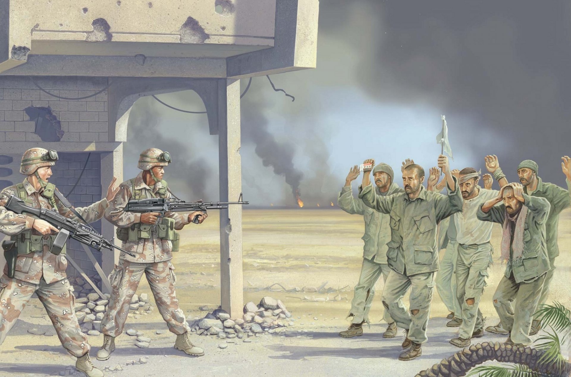 art irak guerre feu fumée soldats forces armées américaines équipement armes reddition capturé irakien militaire dessin