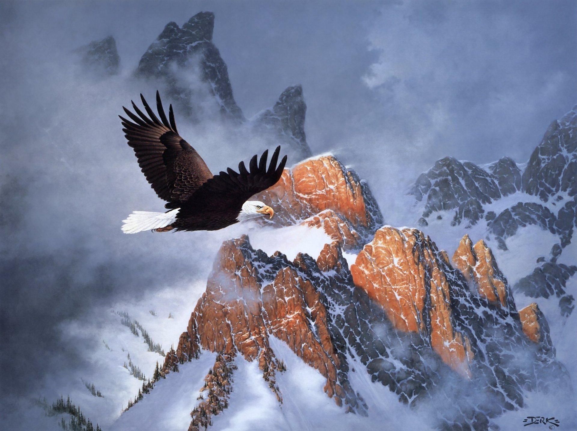 derk hansen feu sur la montagne peinture hiver montagnes aigle à tête blanche nuages neige