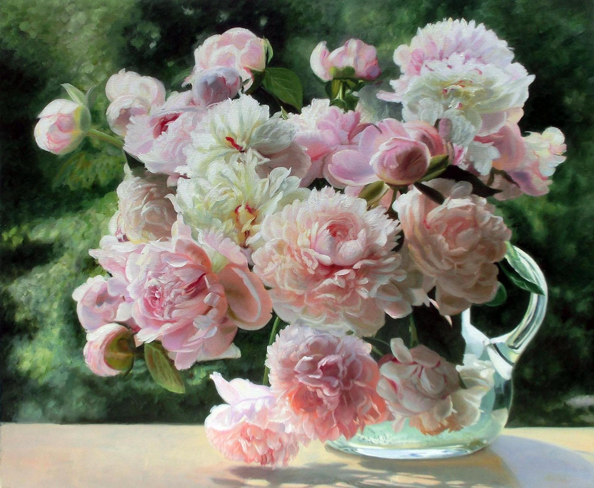 peinture zbigniew kopania nature morte fleurs pivoines carafe été lumière tendresse