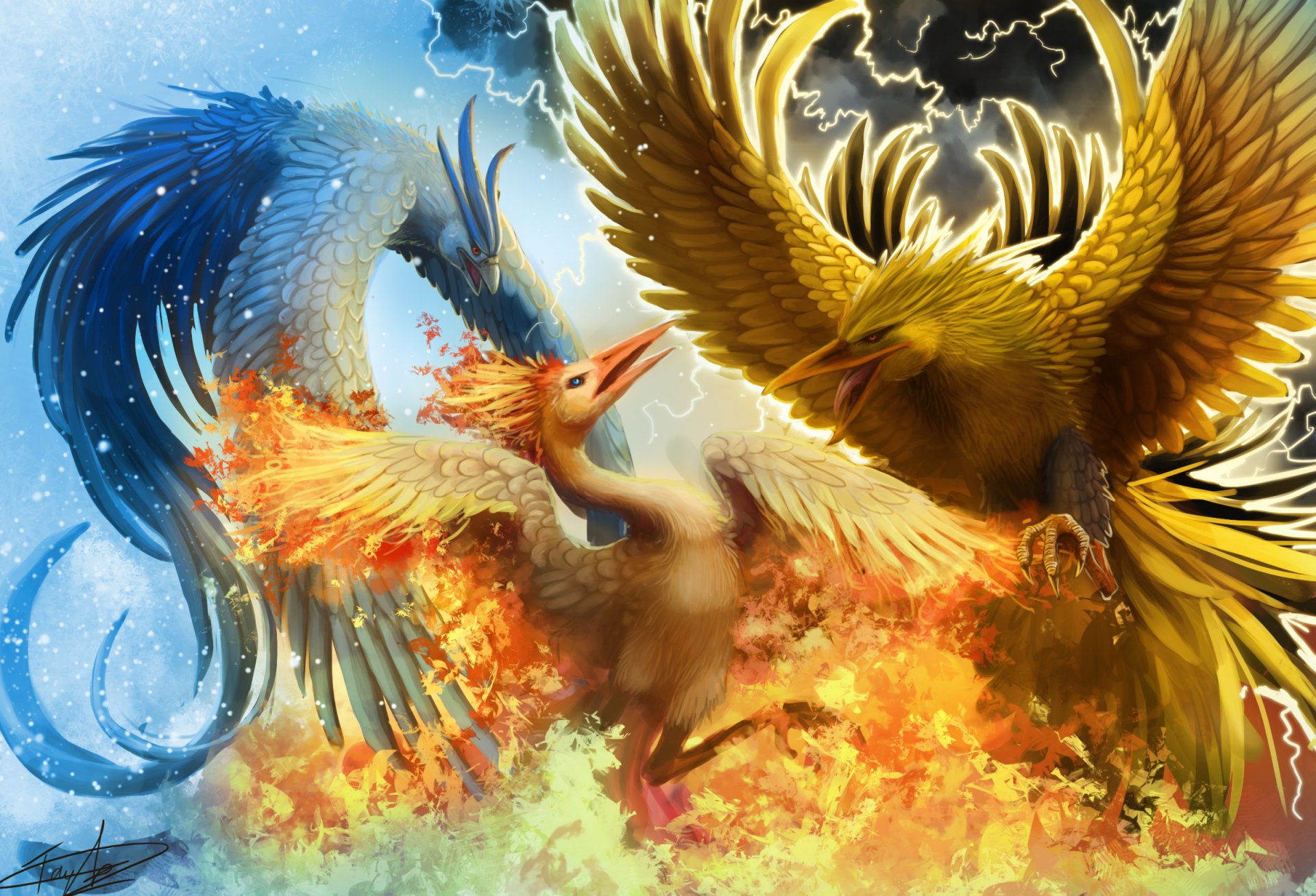 art fantasy birds phoenix fire cool snow lightning battle in the sky