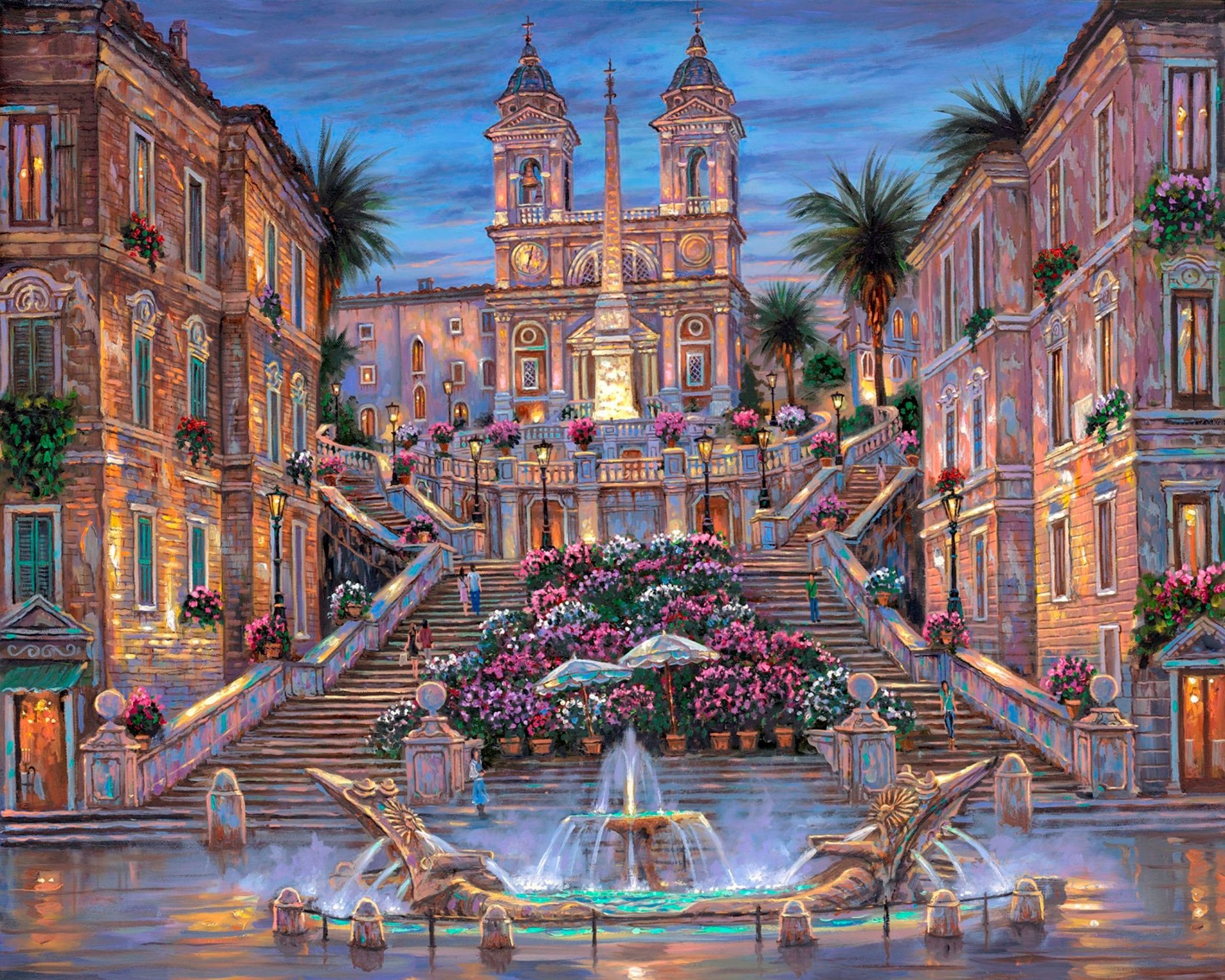 robert finale roma . escalera española pintura italia roma escaleras fuente flores palmeras tarde crepúsculo