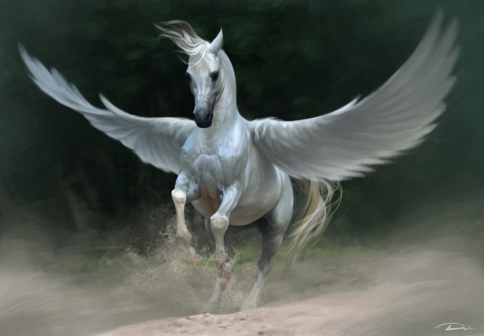 arte lin zhou fantasía pegaso caballo blanco alas polvo arena