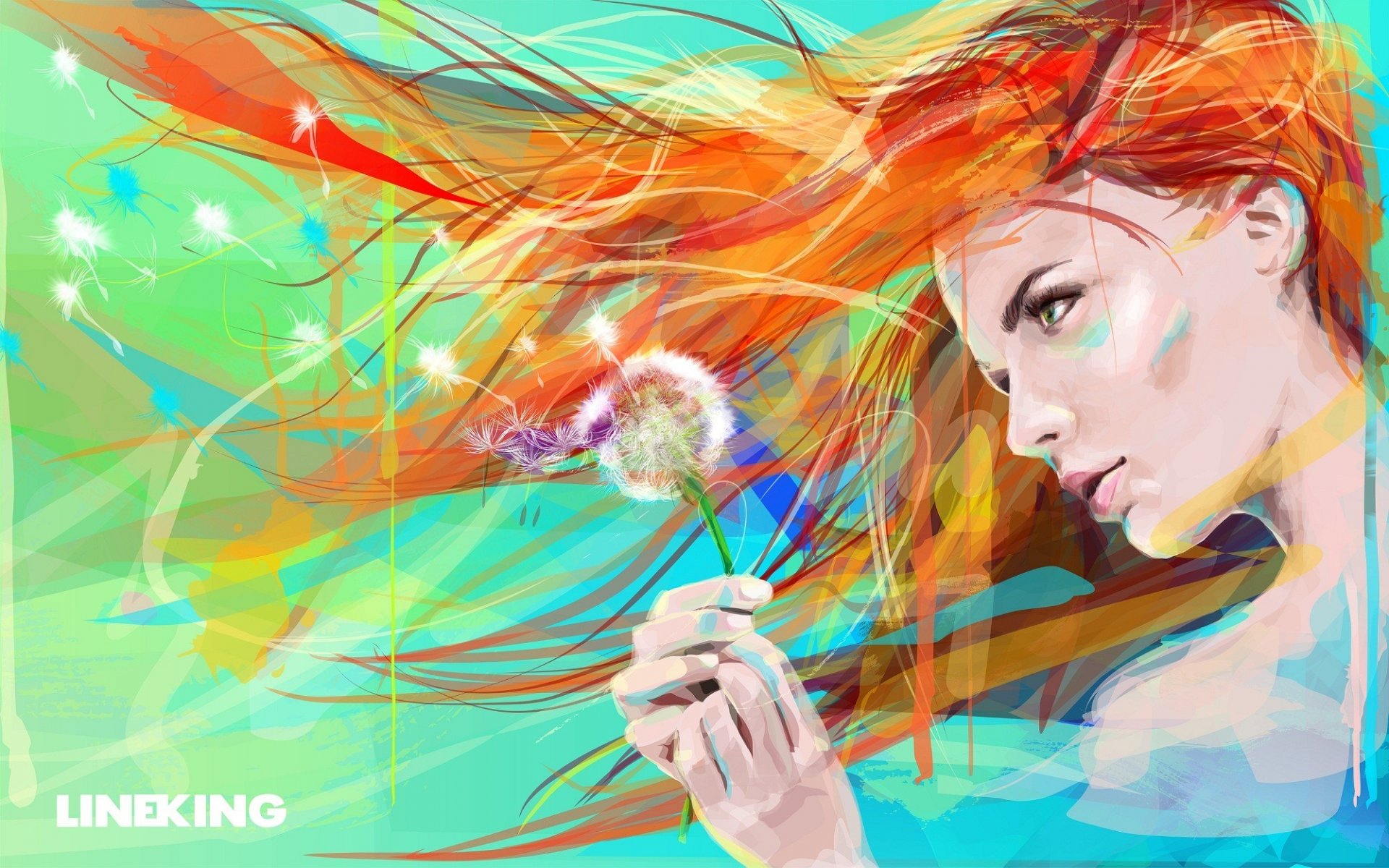 painting art picture girl hair face eyes flower dandelion paint