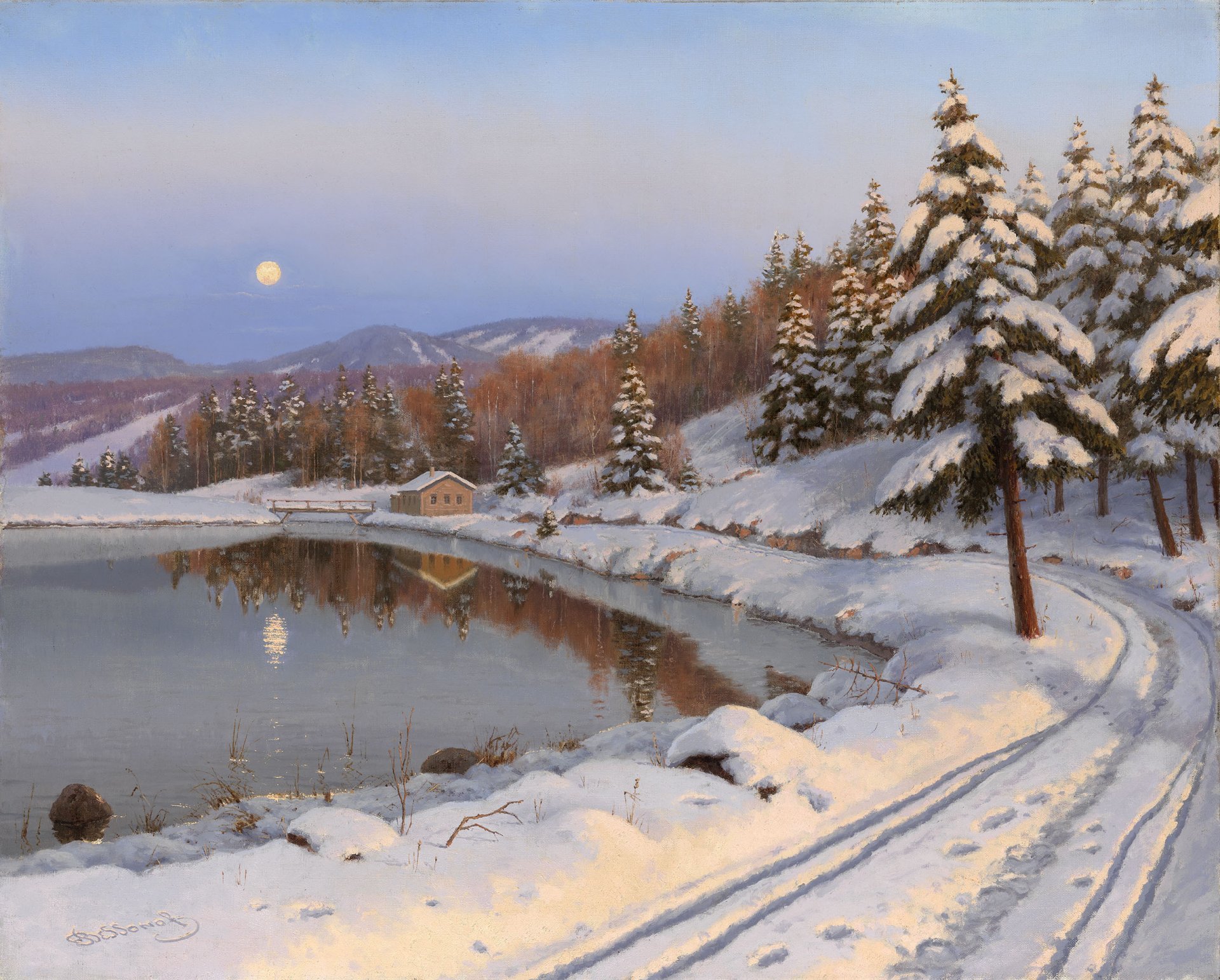 peinture paysage boris bessonov hiver nuit lune lac montagnes maison forêt route arbres de noël