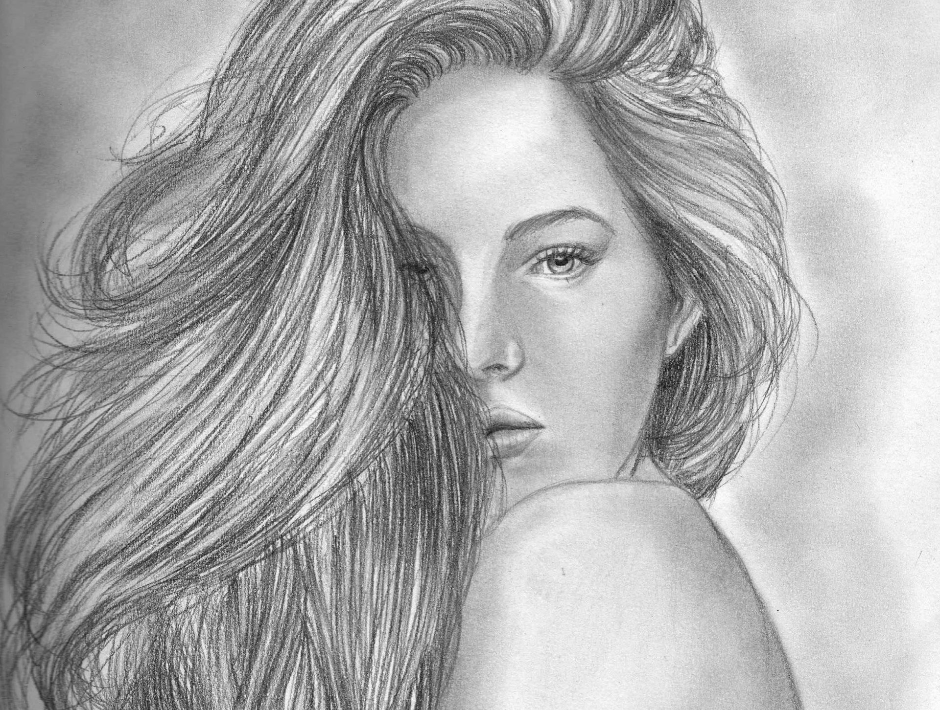 painting pencil girl face view eyes hair spin shoulder