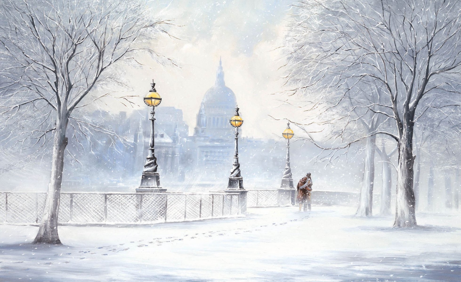 painting jeff rowland winter snow boulevard snowfall street lanterns two footprints trees city