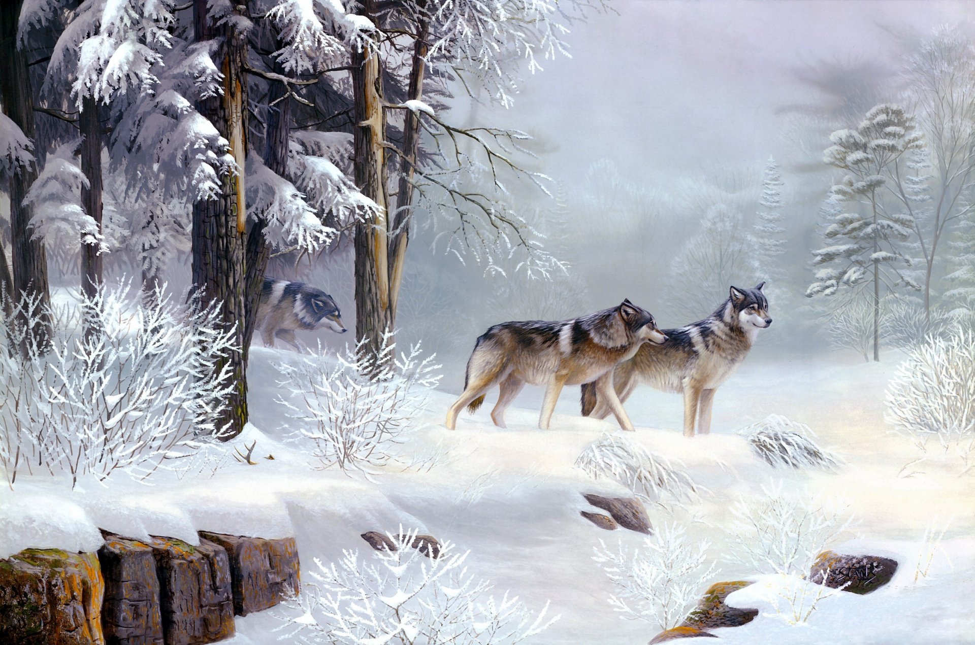 leo stans morning solitude painting animals wolves winter cool frost morning forest