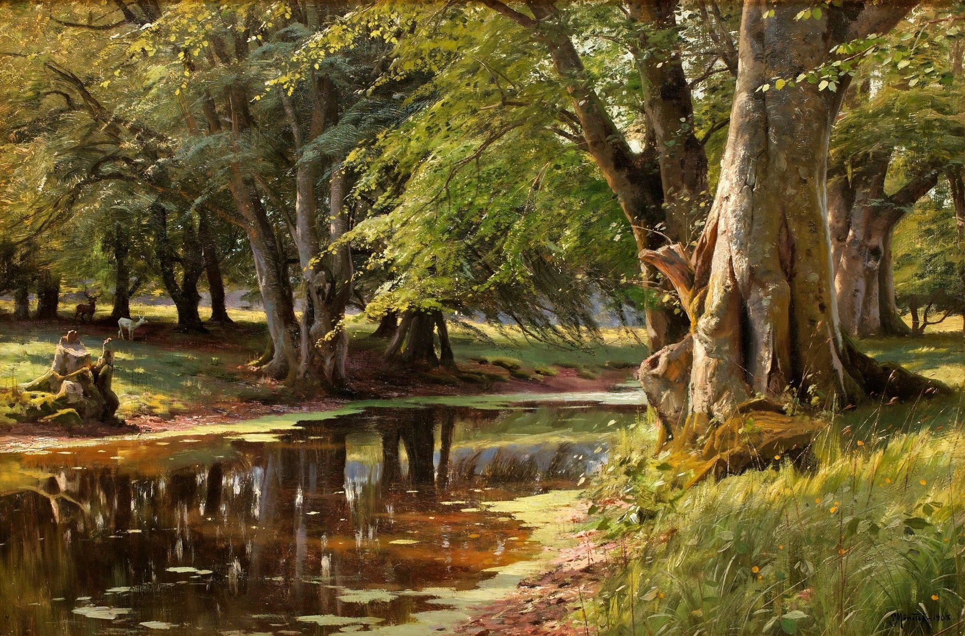 peinture paysage peder mork monsted été forêt rivière arbres rive herbe animaux cerfs