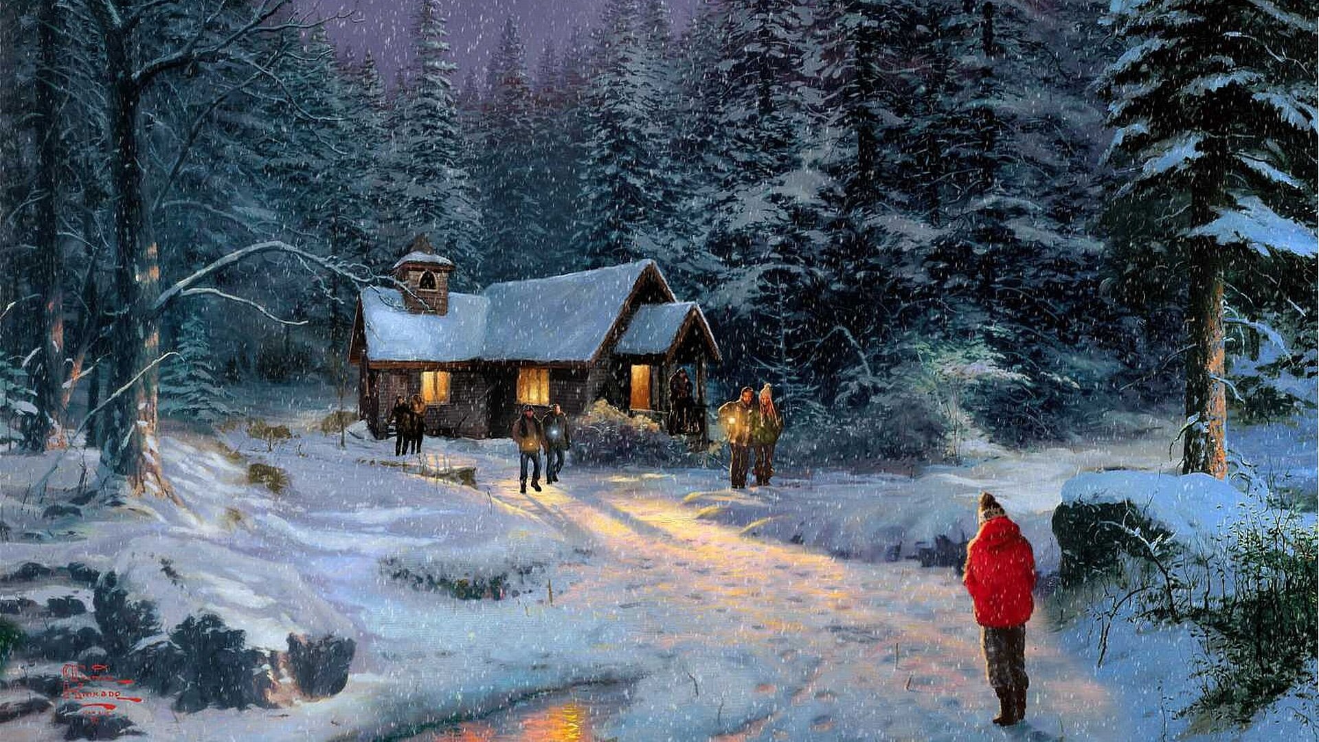 thomas kincaid miracolo di natale pittura kincaid bello freddo buio notte misterioso foresta inverno tempesta neve abbandonato chiesa otto vagabondi luce inverno meraviglioso gentile film