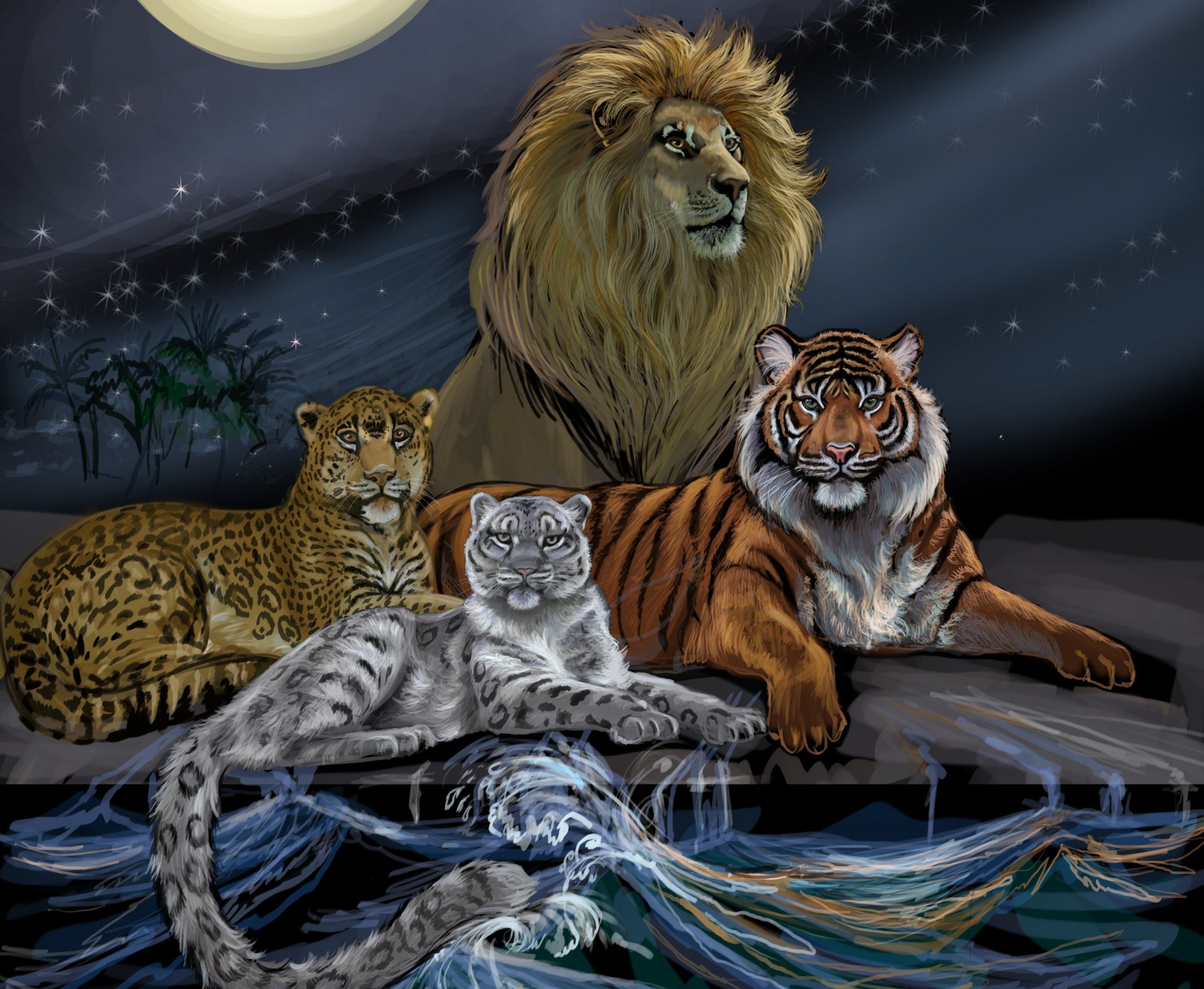 kunst malerei tiere raubtiere löwe mähne blick könig der tiere leopard tiger schneeleopard wasser wellen himmel mond