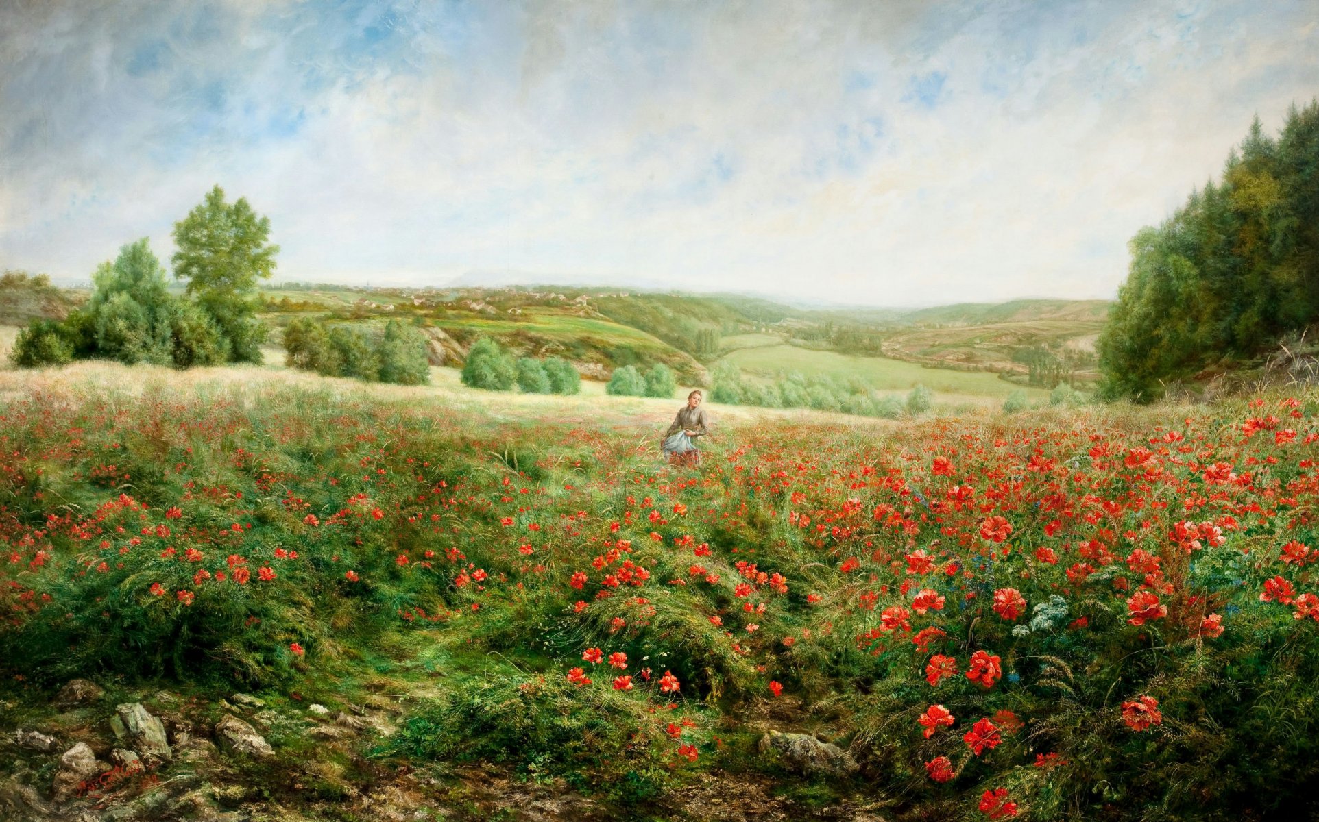 pintura paisaje campo colinas flores amapolas árboles niña jacob philipp hakkert