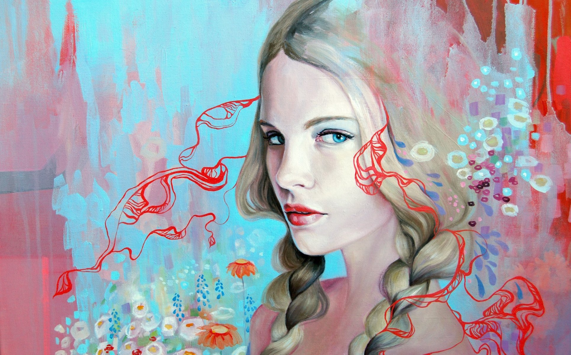 art dessin emma uber fille blonde visage regard yeux bleu cheveux tresses fond modèle peintures fleurs