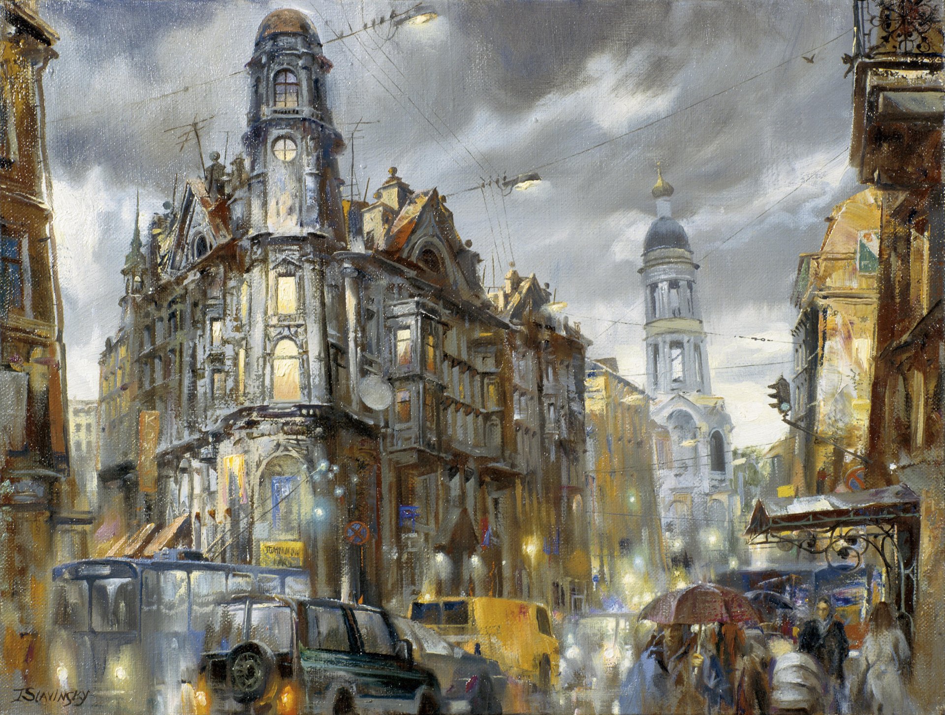 ville rue saint-pétersbourg cinq coins soirée lumières lanternes pluie voitures transport peinture dessin aquarelle ivan slavinsky