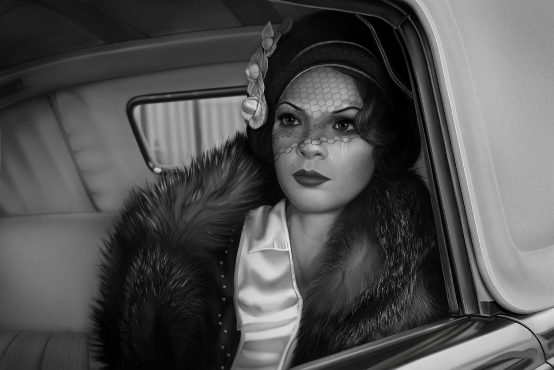 art fille rétro chapeau voile voiture fenêtre fourrure noir et blanc monochrome