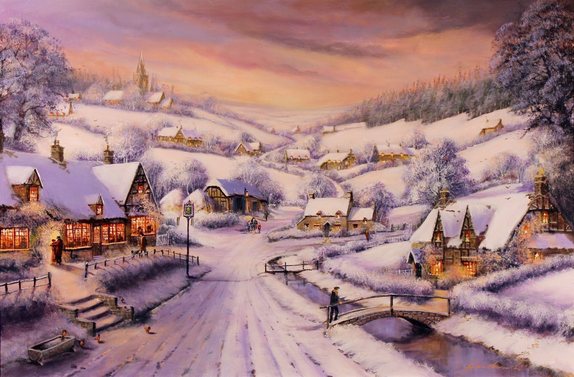 pintura gordon lees invierno nieve tarde casas río puente árboles bosque camino personas