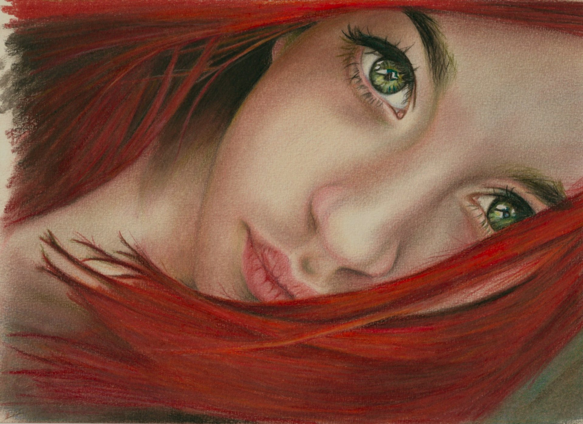 painting art girl red hair face eyes green view lips neck