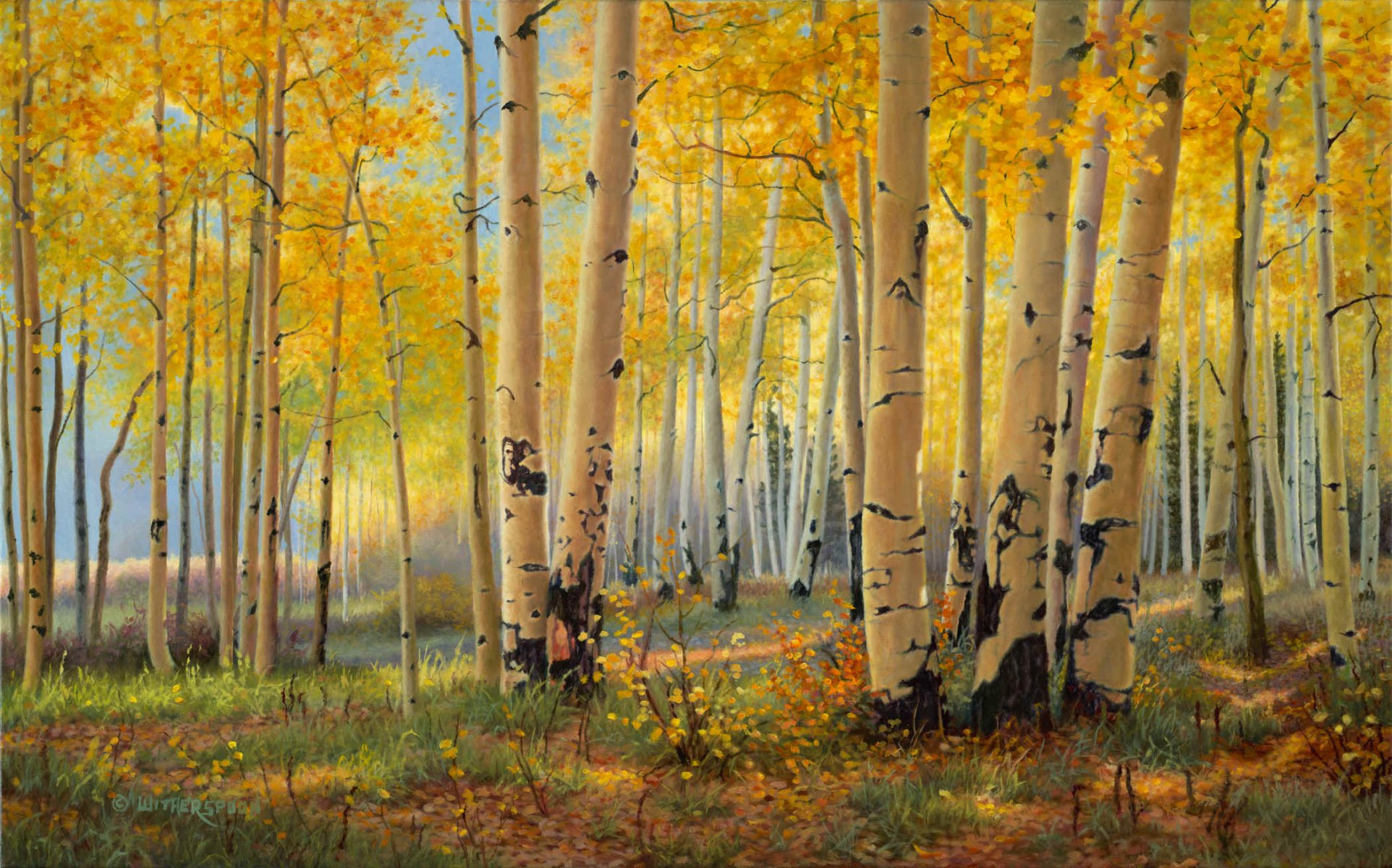 kay witherspoon pillars of gold art painting golden autumn autumn forest grove birch